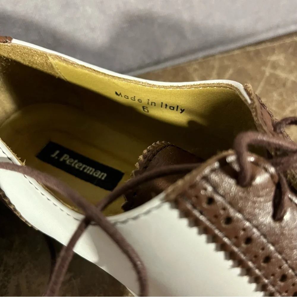 J Peterman Wingtip Oxford Womens‎ Shoes Size 6 Italy Leather Lined Brown / White